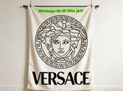 Versace White Black Medusa Greek Key Logo Printed Flannel Throw Blanket IMG_1276